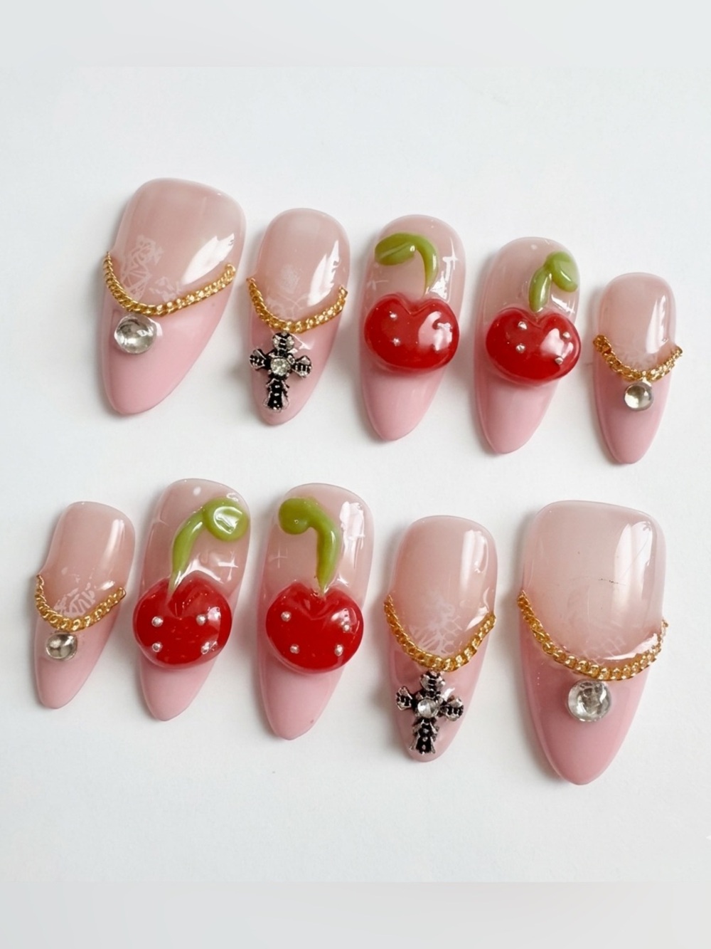 Pink Cherry 3D Press-On Nails with Gold Chain Accent